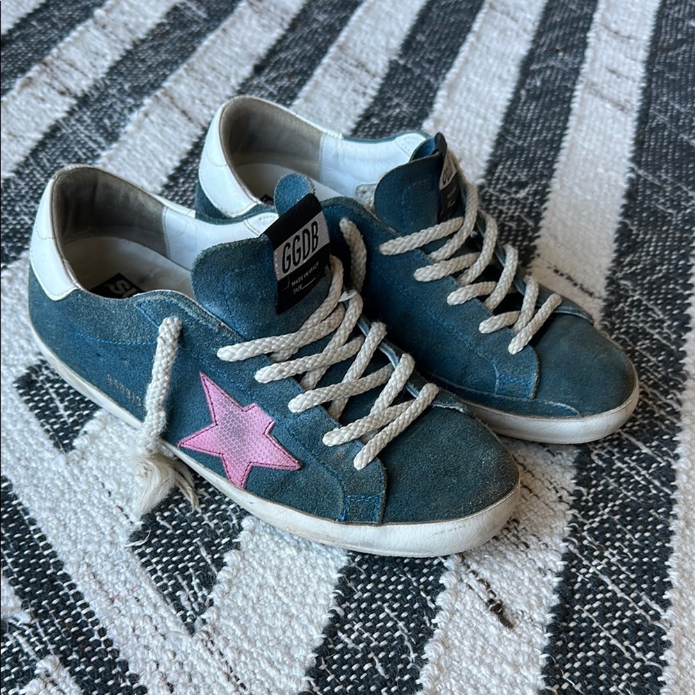 Golden Goose Blue Sneakers with Pink Star